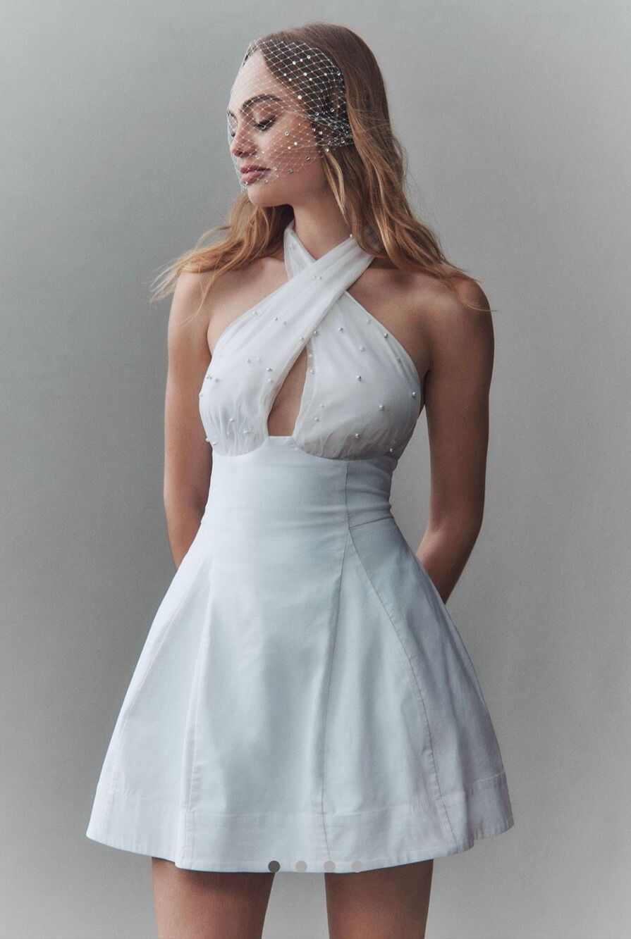 Anthro BHLDN Halter Pearl Embellished Mini Dress Size M with Pearl Bow Clip